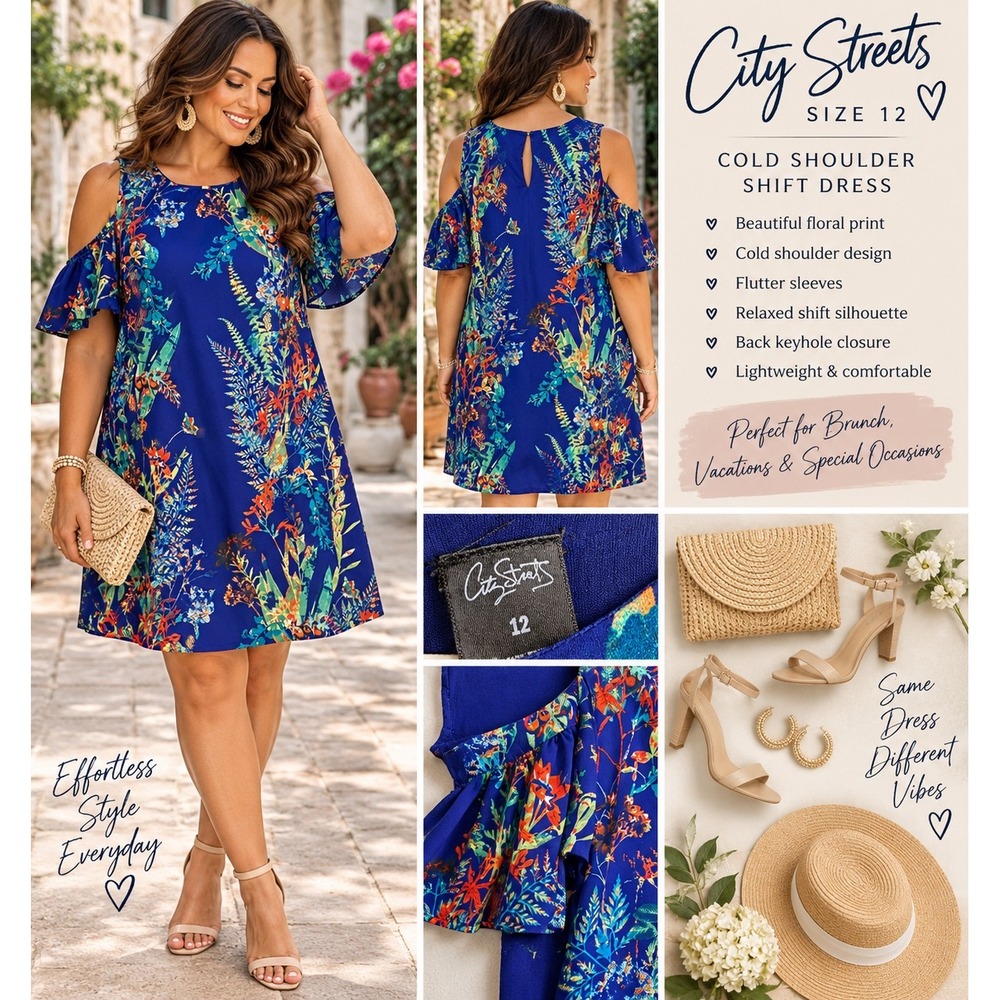City Streets Womens Blue Floral Cold Shoulder Shift Dress Size 12 Flutter Sleeve